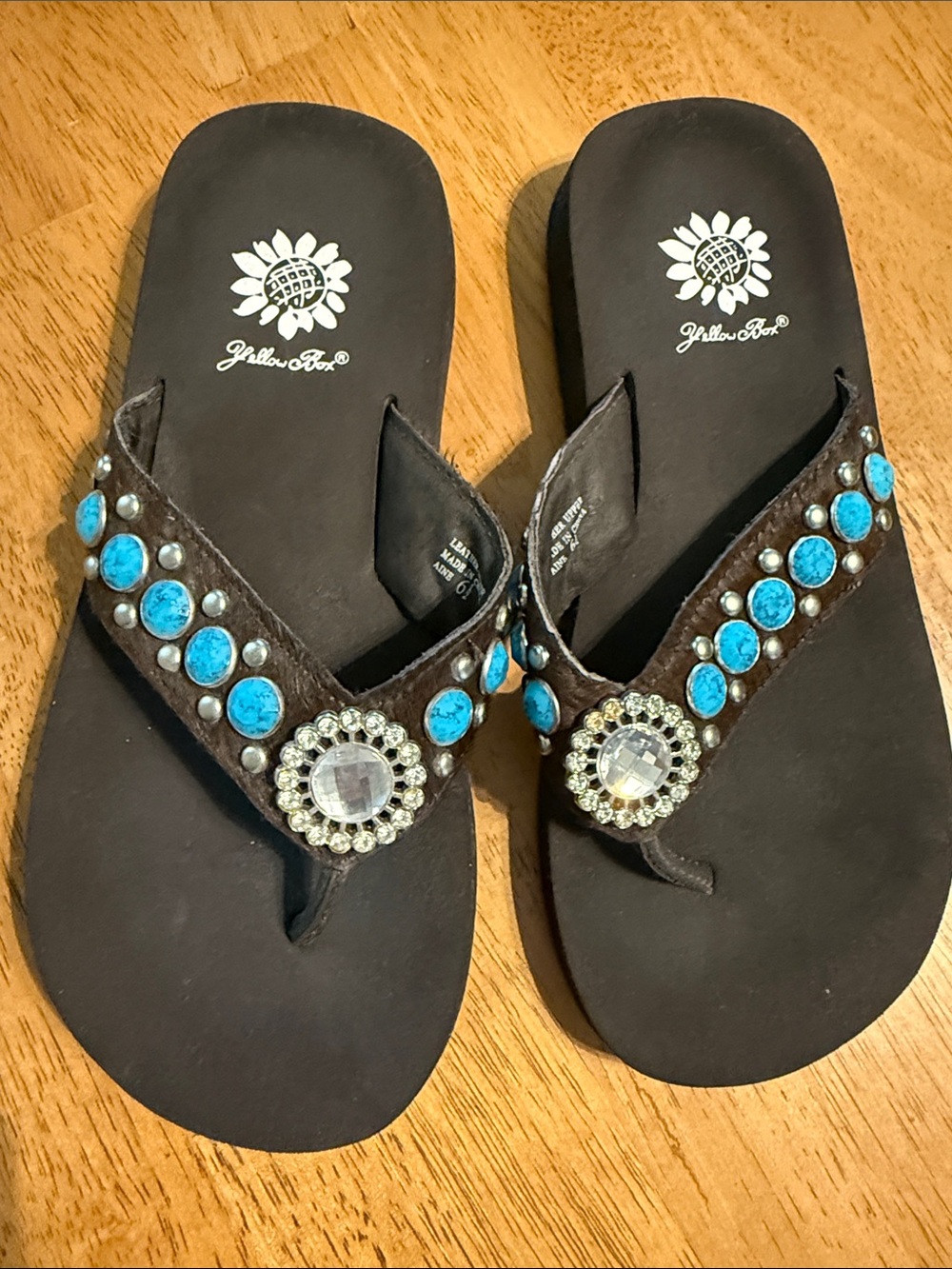 Yellow Box Brown Sandals with Turquoise Accents and Clear Crystal Medallions